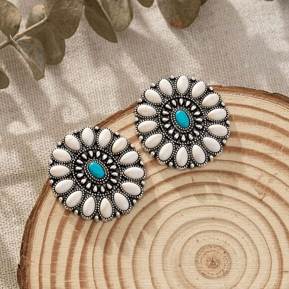 Western Bohemian Concho Turquoise Stud Earrings - Picture 2 of 5
